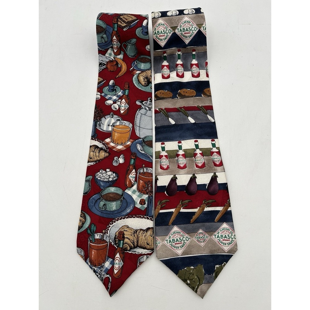 Lot of 2 Tabasco Brand Hot Sauce Neckties Dinner Table & Veggies Made In USA